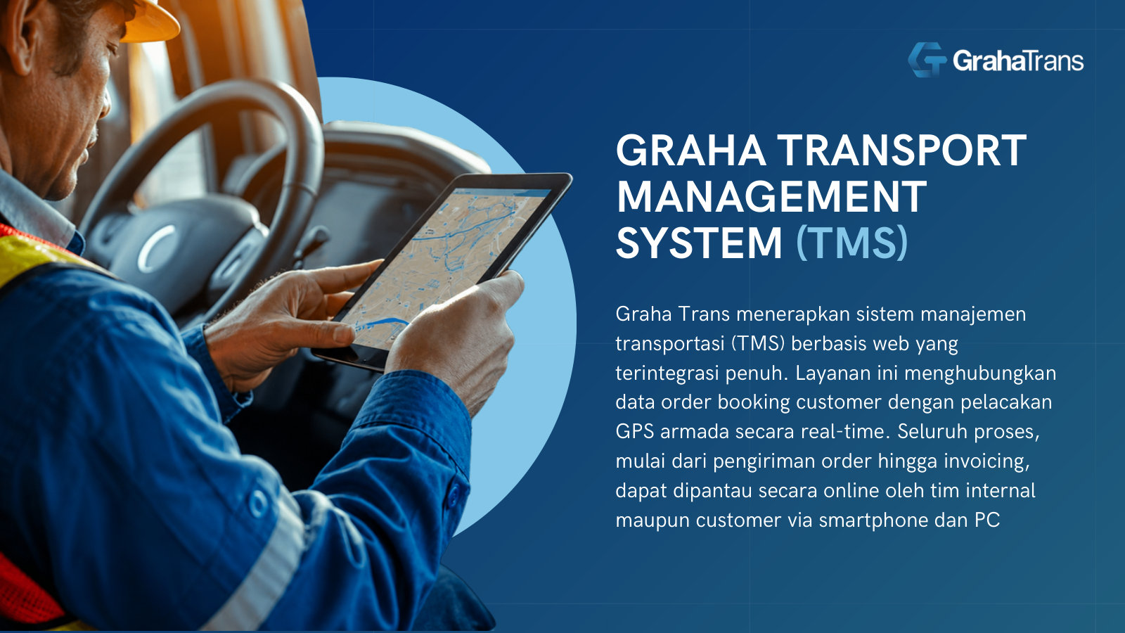 The Graha Transport Management System - a web platform tying order-booking to real-time GPS tracking and invoicing. The core tech pitch.
